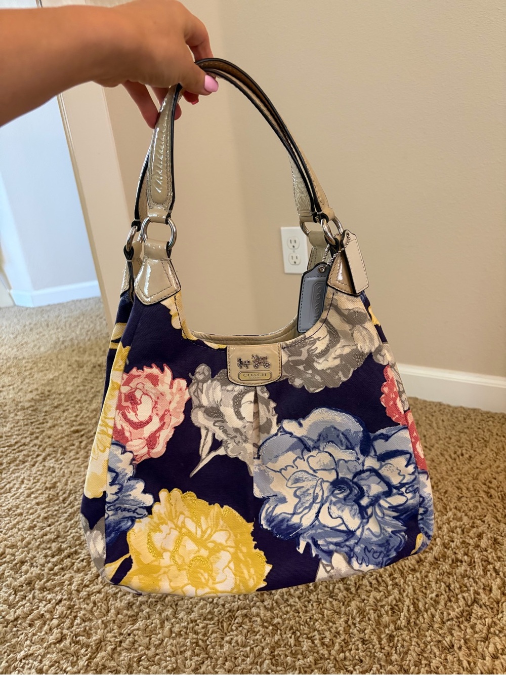 Coach Navy Floral Shoulder Bag with Multi-Color Blooms